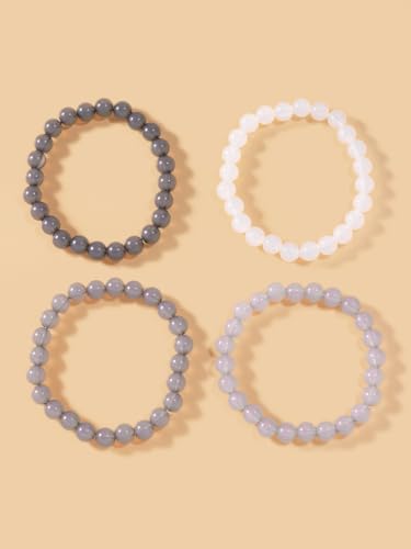 4Pcs Natural Stone Beaded Bracelet Set Women Stretch Crystal Beads Stack | Smooth round polished beads; neutral gray & white tone palette; durable stretch cord fits most wrist sizes comfortably.