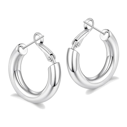 sovesi Chunky Hoop Earrings for Women, 14K Gold Plated Thick Hoops | 5mm Thick Hollow Tube Chunky Lightweight Hypoallergenic Hoop Earrings for Women - style: Silver 25MM