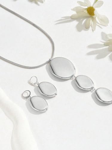 Statement Necklace and Earrings Set – 2PCS Gold Silver Chunky Geometric Pendant Jewelry with Snake Chain, Asymmetrical Ellipse Y-Necklace Metallic Fashion Jewelry for Women - color: A:Silver