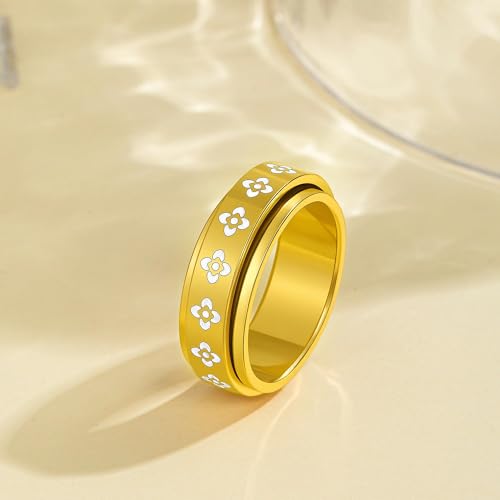 Fidget Anxiety Rings for Women 14K Gold Silver Plated Spinner Band Ring 8mm Thick Stainless Steel Statement Rings Jewelry Gifts Size 6-10 - color: Gold-Rotation
