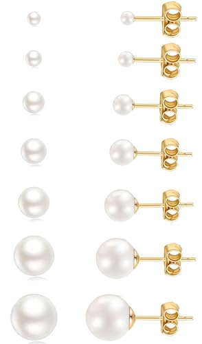 14K Gold Filled Polished Small CZ Pearl Ball Stud Earrings Set for Women Men 20G Surgical Steel Hypoallergenic Piercing Studs for Sensitive Ear, Pack of 6 Pairs - style: A2 : Gold, 3MM-10MM, White Pearl