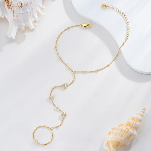 Cicy Bell Hand Chain Bracelets for Women 18K Gold Plated | Layered Stackable Dainty Ring Bracelets, Adjustable Satellite Bead Dot Link Finger Bracelets - color: Style A-Gold