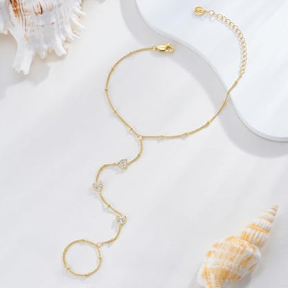 Cicy Bell Hand Chain Bracelets for Women 18K Gold Plated | Layered Stackable Dainty Ring Bracelets, Adjustable Satellite Bead Dot Link Finger Bracelets - color: Style A-Gold
