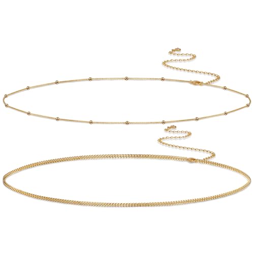 2PCS Gold Silver Waist Chain Adjustable Layered Belly Chain Body Chain Jewelry for Women Sexy Bikini Beach Boho Pearl Beaded Cuban Satellite Waist Chains - style: 2PCS-GD-Cuba+Beads