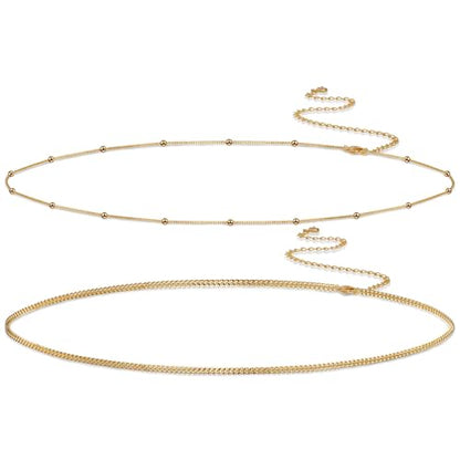 2PCS Gold Silver Waist Chain Adjustable Layered Belly Chain Body Chain Jewelry for Women Sexy Bikini Beach Boho Pearl Beaded Cuban Satellite Waist Chains - style: 2PCS-GD-Cuba+Beads