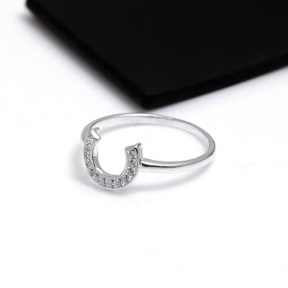 LeCalla 925 Sterling Silver Open Circle, Horseshoe & Tree of Love Designs Finger Ring | Minimalist Wedding Ring Jewelry | Lucky Charm Designs Rings with Cubic Zirconia | Women's Silver Rings - style: CZ Studded Horse Shoe