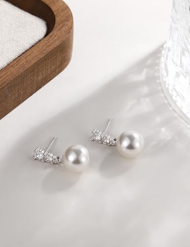 Mameloly Pearl Drop Earrings 925 Sterling Silver CZ 10MM Simulated Pearl Earrings for Women Dangle Trendy Jewelry for Women Hypoallergenic - color: Brass Silver CZ
