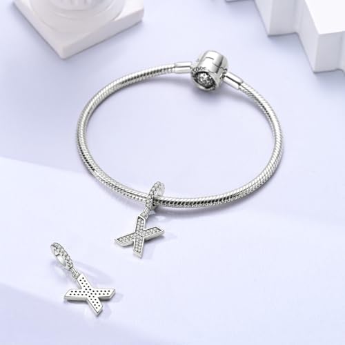 Hapour Letter 925 Sterling Silver Charm with Cubic Zirconia Alphabet A-Z Initial Dangle Charms Beads Pendent DIY Jewelry for Bracelets Necklace - color: X