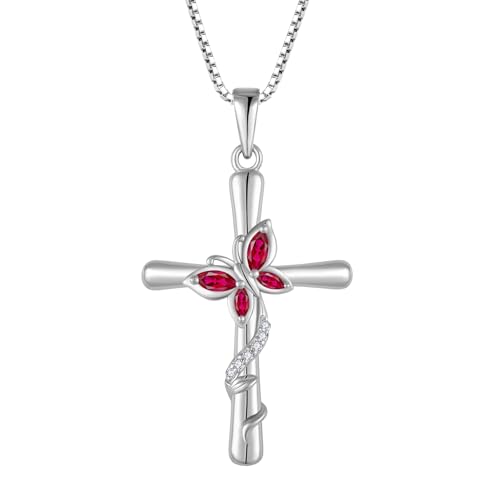 Cross Necklace for Women 925 Sterling Silver Butterfly Necklace Birthstone Pendant Created Gemstone Jewelry Gifts for Women - color: 07 July - Ruby