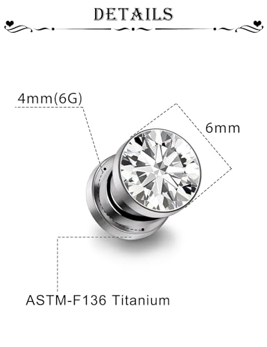 Astm F136 Titanium CZ Ear Gauges Screw Fit Flesh Tunnels Plugs Gauges Earring Expander Stretcher Ear Tunnels For Ears 10G 8G 6G 4G 2G 0G 00G Plug Earrings Body Piercing Jewelry For Women Men - color: 6G Gauges