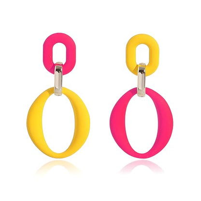 Geometric Square Earrings for Women Lightweight Colorful Color Block Acrylic Chunky Geometric Rectangle Oval Link Chain Statement Earring - style: Yellow Rose Red-O