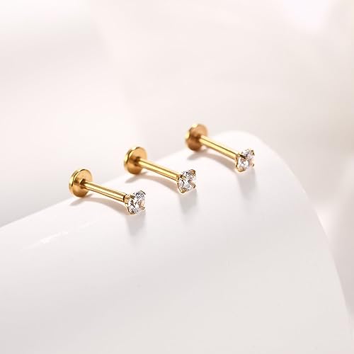 GAGABODY G23 Titanium 16G 6/8/10mm Clear CZ/Opal Internally Threaded Labret Monroe Lip Studs 6mm Helix Cartilage Tragus Earring Piercing - color: 16G-3Pcs-Gold-Length:10mm CZ:2mm
