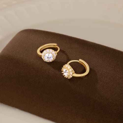 Reffeer Solid 925 Sterling Silver Halo Hoop Earrings for Women Teens Simulated Diamond Huggie Earrings Sparkly Cubic Zirconia Earrings Hoop - color: B-18K Gold Plated