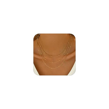 18K Gold Plated Layered Herringbone Necklaces for Women Dainty Layering Beaded Snake Chain Choker Moon Coin Pendant Necklace Trendy Stainless Steel Jewelry - color: Trible Round Bead-Gold