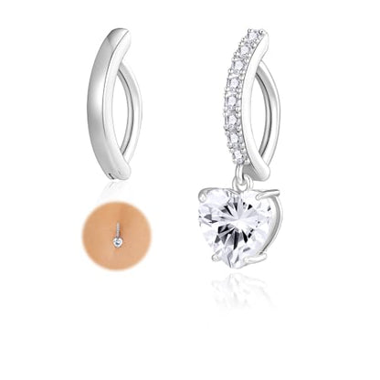 Apsvo 2Pcs Belly Button Ring for Women Surgical Steel CZ Clicker Belly Rings Hoop Teardrop Heart Dangle Belly Button Piercing Simple Reverse Navel Piercing Jewelry 14G - color: Silver-Heart