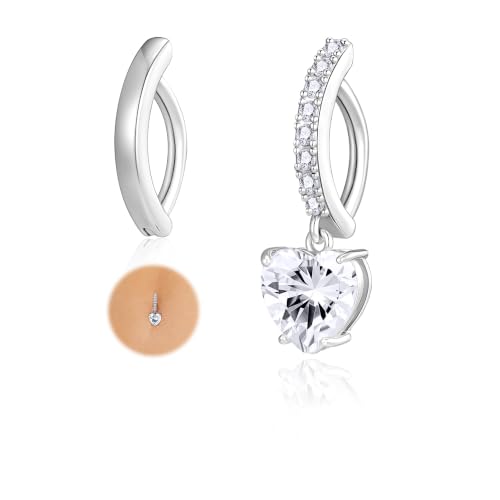 Apsvo 2Pcs Belly Button Ring for Women Surgical Steel CZ Clicker Belly Rings Hoop Teardrop Heart Dangle Belly Button Piercing Simple Reverse Navel Piercing Jewelry 14G - color: Silver-Heart