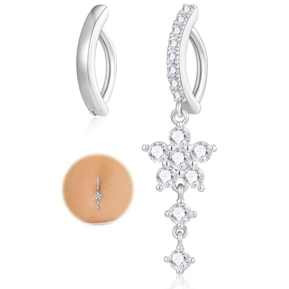 Apsvo 2Pcs Belly Button Ring for Women Surgical Steel CZ Clicker Belly Rings Hoop Teardrop Heart Dangle Belly Button Piercing Simple Reverse Navel Piercing Jewelry 14G - color: Silver-Flower