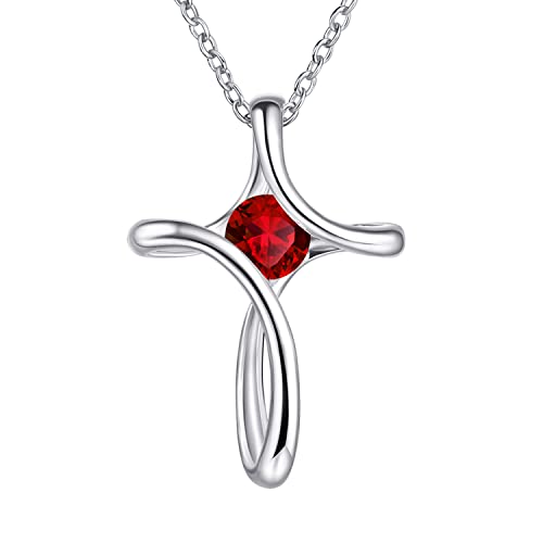 Cross Necklace for Women 925 Sterling Silver Birthstone Necklace for Women | Silver Necklaces with Diamond Sideways Birthstone Jewelry Gifts for Women 45+3cm Adjustable Chain - color: 07-July-Ruby