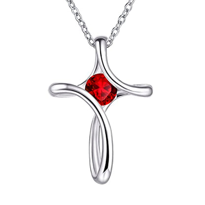 Cross Necklace for Women 925 Sterling Silver Birthstone Necklace for Women | Silver Necklaces with Diamond Sideways Birthstone Jewelry Gifts for Women 45+3cm Adjustable Chain - color: 07-July-Ruby