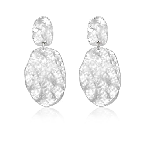 Large Geometric Drop Dangle Earrings for Women Pearl Teardrop Disc Rectangle Oval Fishtail Shell Shaped Textured Dangle Studs Earrings for Women - color: Silver-Oval