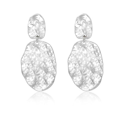 Large Geometric Drop Dangle Earrings for Women Pearl Teardrop Disc Rectangle Oval Fishtail Shell Shaped Textured Dangle Studs Earrings for Women - color: Silver-Oval