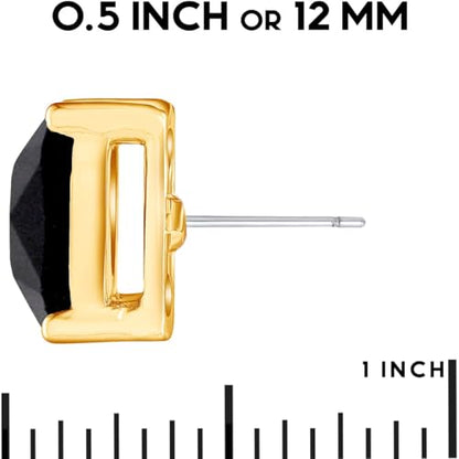 Large Square Stud Earrings for Women - Big Sparkly Rhinestone Studs | Plated in Gold Tone or Silver Tone, Hypoallergenic and Safe for Sensitive Ears - color: Black