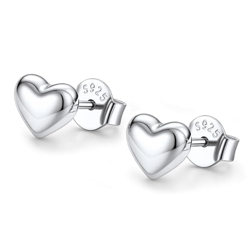 JustBeingCute Heart Stud Earrings 14K Gold Plated 925 Sterling Silver Posts | Dainty Simple Heart Earrings for Women hypoallergenic Chunky Puffy Studs Lightweight with Gift Box（7/10mm） - color: 7mm Silver Stud