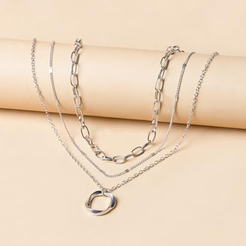 925 Silver Layered and 14K Gold Plated Necklace for Women – Circle Pendant Adjustable Stacking Chain, Retro Modern Jewelry for Special Occasion Gift - color: Silver