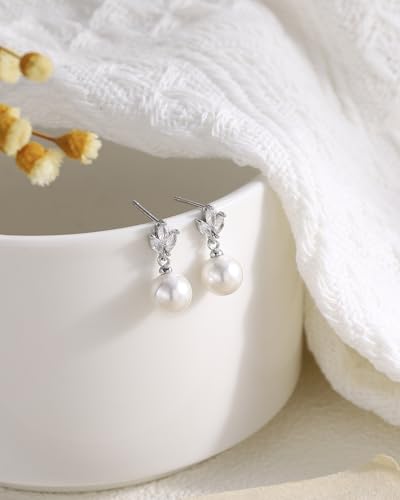 Pearl Earrings for Women, 14k Gold Plated Trendy Diamond Pearl Drop Earrings Bridal Shower Gifts Wedding jewelry for Women - color: Style G Silver