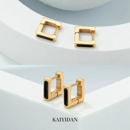2 Pairs Gold/Silver Hoop Earrings For Women Set Trendy,14K Plated Gold Chunky Huggie Hoop Earings Pack,Oval Twisted Statement Silver Hoops,Fashion Jewelry Gift - color: B1 Black Square Hoops set