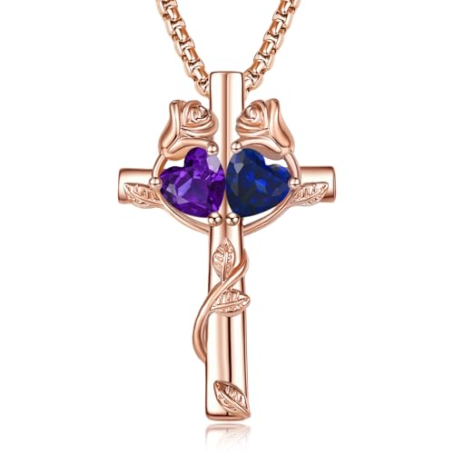 Rose Gold Cross Necklace with 2 Birthstones and Rose | Cross with Birthstone Necklace, Hypoallergenic, Adjustable Rolo Chain, Birthday Gifts, Catholic Christian Religious Jewelry - color: 02-09-Feb-Sept Birthstone