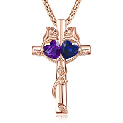 Rose Gold Cross Necklace with 2 Birthstones and Rose | Cross with Birthstone Necklace, Hypoallergenic, Adjustable Rolo Chain, Birthday Gifts, Catholic Christian Religious Jewelry - color: 02-09-Feb-Sept Birthstone