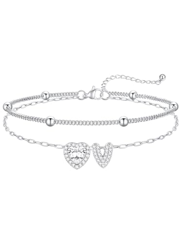 FaithHeart Waterproof Initial Ankle Bracelets for Women, Initial Anklets with Heart CZ Stainless Steel Layered Letter A-Z Anklet No Tarnish Ankle Jewelry - color: Silver, size: Initial V