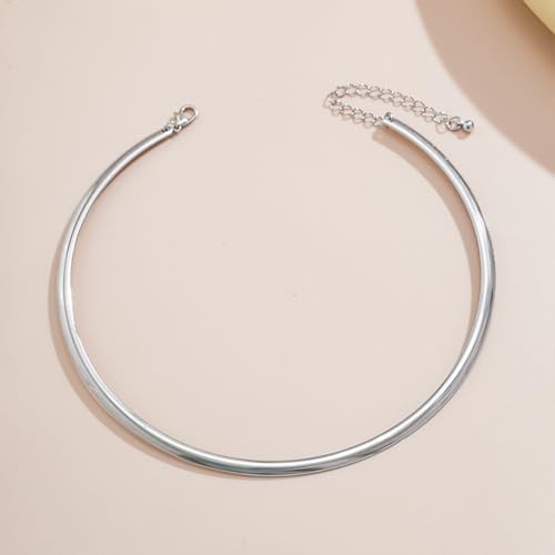 Chunky Gold Choker Necklaces for Woman Fashion Thick Statement Collar Necklace Adjustable Trendy Large Circle Hoop Jewelry Rock Prom Accessories - color: Silver