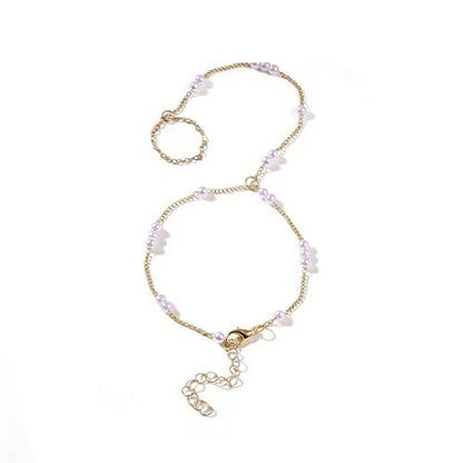AceFun 1PC Gold Hand Chain Bracelet for Women Rhinestones Crown Pearls Beads Finger Ring Bracelets Trendy Dainty Simple Waterproof Bracelet Fashion Body Jewelry for Ladies - color: Pearls