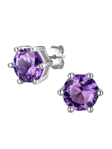 FindChic 2 Carat Birthstone Stud Earrings for Women, Round/Heart/Princess Cut Stud Earrings, Hypoallergenic Studs with 925 Sterling Silver Posts, 12 Months Birthday Jewelry Gift - color: 02. February-Amethyst(Round Cut )