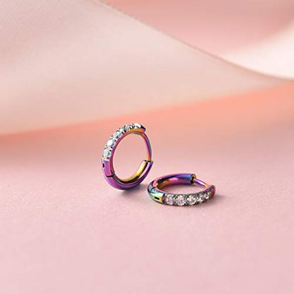 Hypoallergenic Unisex Surgical Steel Small Cubic Zirconia Huggie Hoop Earring, Color Gold - Silver - Rose Gold - Black - Rainbow, Size 6mm- 12mm Safe for Sensitive Ear - style: A0002 : 8MM Rainbow Hoops(2mm thickness)