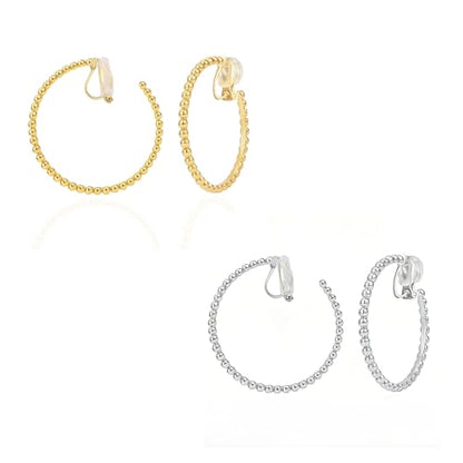 FAN&LOUIS 24K Gold Plated Hoop Clip On Earrings for Women, Gold Beaded Hoop Trendy Hypoallergenic Non Pierced Earrings Painless Lightweight 38mm Clip-On Earrings - style: Gold and Silver