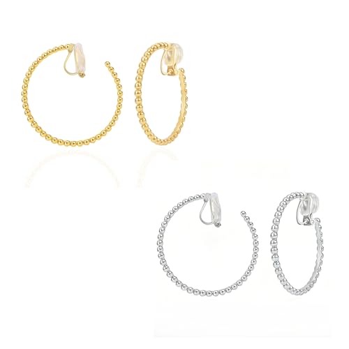 FAN&LOUIS 24K Gold Plated Hoop Clip On Earrings for Women, Gold Beaded Hoop Trendy Hypoallergenic Non Pierced Earrings Painless Lightweight 38mm Clip-On Earrings - style: Gold and Silver