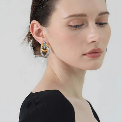Gold Geometric Clip On Earrings for Women Chunky Gold Knot Link Clip Earrings Trendy Jewelry - color: Two Tone-A