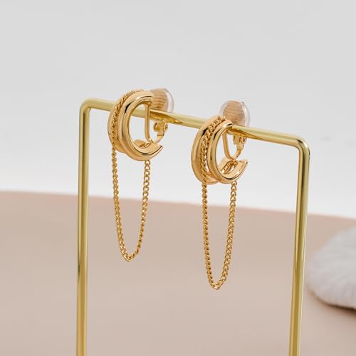 Gold Silver Trendy Clip On Dangle Earrings for Women | Clip On Drop Earrings, Tassel Chain Hoop Earrings, Non Piercing, Fashion Jewelry Gifts - color: A Clip-Gold
