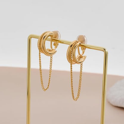 Gold Silver Trendy Clip On Dangle Earrings for Women | Clip On Drop Earrings, Tassel Chain Hoop Earrings, Non Piercing, Fashion Jewelry Gifts - color: A Clip-Gold