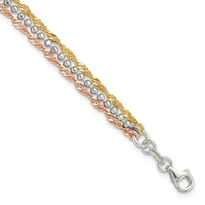 Sterling Silver Gold-tone and Rose Tone 3 Strand Bracelet 7.5"