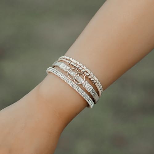 Chunky Boho Leather Wrap Bracelets Cowgirl Beaded Circle Western Jewelry | Stackable Infinity Layered Bohemian Magnetic Clasp Cuff Statement Fashion Colorful Country Hippie Outfits for Women Trendy - color: Gold