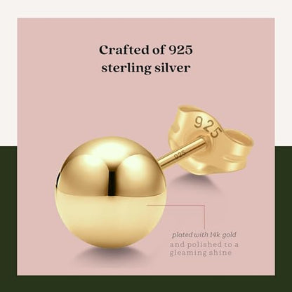 KEZEF 925 Sterling Silver Ball Stud Earrings for Women, 2mm to 10mm | Nine Bead Sizes, Three Finishes, Hypoallergenic Nickel Free Post, Butterfly Push Back, Sold As One Pair - color: 14k Yellow Gold, size: 10mm
