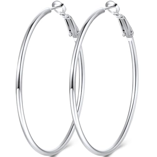 Jewlpire 14K Gold Plated 925 Sterling Sliver Post Hoop Earrings, 2MM Thick Hoop earrings Lightweight Large Hoop Earrings for Women Trendy 20/30/40/50/60/70mm - color: Silver Color, size: 60mm
