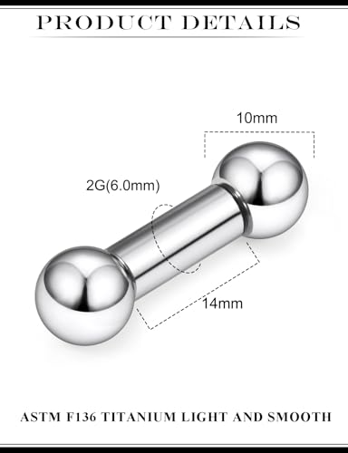 2G 4G 6G 8G 10G 12G 14G 16G Astm F136 Titanium Internally Threaded Nipple Tongue Rings Piercing Jewelry Industrial Straight Barbell Tongue Nipple Ring Bridge Piercing Jewelry For Women Men - size: 2 Gauge-14MM