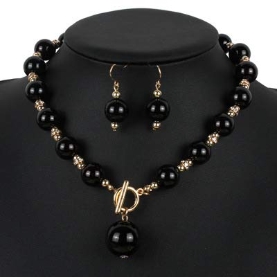 XAM 2PCS/set Large Simulated Pearl Necklace and Stud Earring for Women Brides Chunky Pearl Retro Costume Necklace Set Statement Wedding Jewelry 1920s Costume Jewelry Set - color: Black