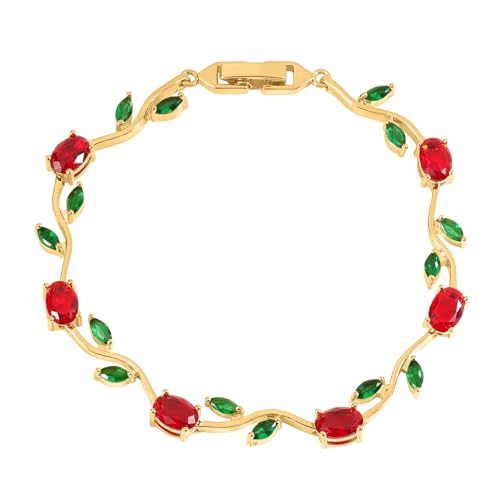 Tulip Flower Bracelet for Women 14K Gold Plated Stainless Steel with Colorful Cubic Zircon Dainty Cute Pink Rose Floral Jewelry Gift for Her Crystal Flower Leaf Bracelets -7.5inch/190mm - color: Red Green Gold