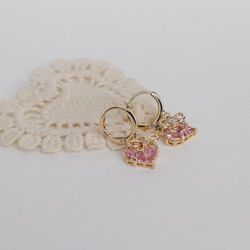 Sonateomber Gold Silver Small Hoop Dangle Earrings for Women, Trendy Dainty Rhinestone CZ Dangling Prom Wedding Leaf Flower Snowflake Butterfly Starfish Fashion Jewelry Gift - color: Pink Heart